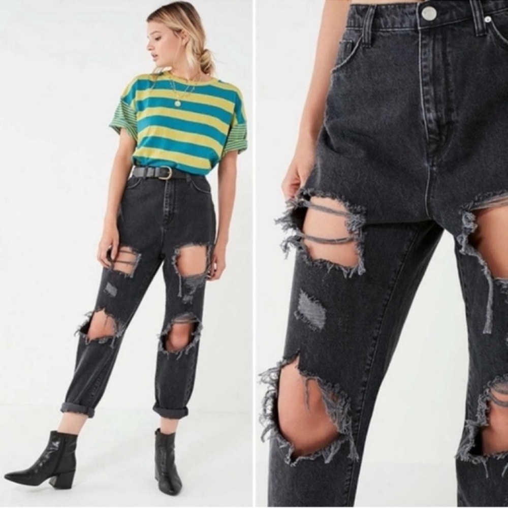 NEW BDG UO Grunge High Rise Mom Distressed Jeans Black Grey 25 goth y2k